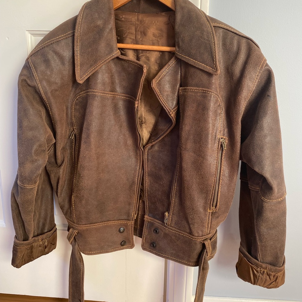 European Vintage Brown Distressed Leather Bomber Jacket